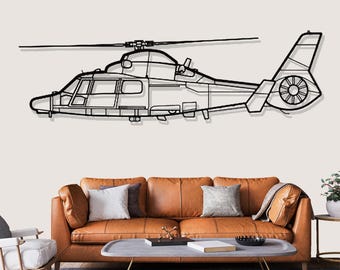 Décoration murale en métal représentant la silhouette d'un hélicoptère Eurocopter AS365 Dauphin, cadeau idéal pour les pilotes.