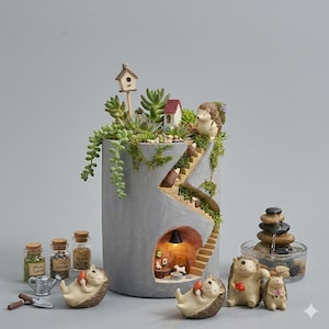 May include: A gray concrete planter with a miniature garden scene, featuring succulents, a birdhouse, and small hedgehog figurines. The planter has a staircase design with a small house and a light inside. Additional accessories include small glass jars and a miniature watering can.
