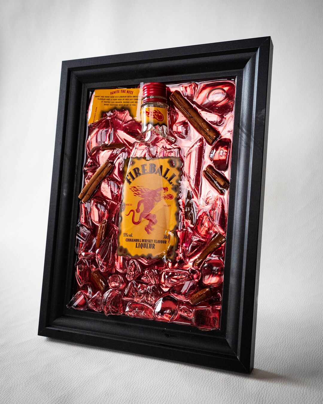 Shattered Fireball Bottle Art – Epoxy Resin Wall Decor in Black Frame