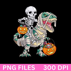 Skeleton Riding Mummy Dinosaur T-Rex Halloween Shirt | Funny Pumpkin Graphic Tee | Spooky Skeleton