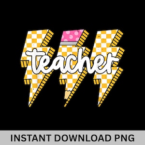 Retro Lehrer Lightning Bolt PNG, Bunt Kariertes Lehrer Sublimationsdesign, Zurück zu Schullehrer Shirt PNG, Lehrer DTF