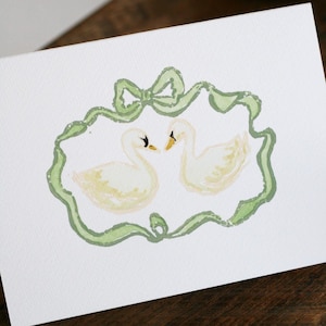 Watercolor and Linocut Handprinted Swan Wedding Card