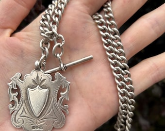 Edwardian Sterling Silver Albert Chain with Shield Fob | 56g | 37cm