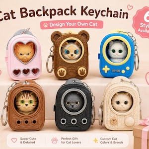 May include: A collection of six cat backpack keychains in various styles. Each keychain features a detailed cat figurine inside a miniature backpack. The keychains come in different colors and designs, with the text "Cat Backpack Keychain" at the top.