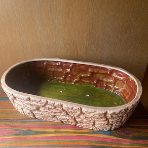 Raised Bark Patterned Trough Planter, Large Directly Plantable Glazed Ceramic Flower Pot, Brown Tan Green Zavori Mold