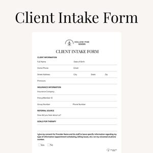 Therapist Intake Form | Editable Canva Template & PDF | Client Intake Sheet for Mental Health Private Practice