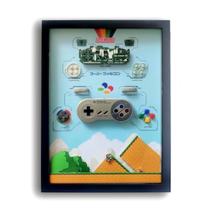 Puede incluir: Un marco que exhibe un mando de Super Nintendo desmontado con su placa base, almohadillas de goma, gatillos y botones montados sobre un fondo azul claro con etiquetas técnicas y un gráfico de paisaje de videojuego de Super Mario.