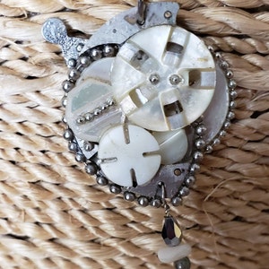 TIMELESS, A Steampunk Inspired, One of a King Necklace incorporating Vintage Mother of Pearl Buttons and Silver Ball Chain. Up Cycled.