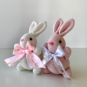 K&ouml;nnte beinhalten: Zwei geh&auml;kelte Hasen, einer wei&szlig; und einer rosa, werden gezeigt. Jeder Hase hat eine Schleife aus Satinband um den Hals. Der wei&szlig;e Hase hat eine rosa Schleife, und der rosa Hase hat eine wei&szlig;e Schleife. Die Hasen haben schwarze Augen und rosa Nasen.