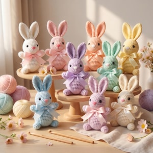 以下が含まれることがあります： 白、ピンク、青、紫、オレンジ、黄色など、さまざまなパステルカラーの手作りのかぎ針編みのウサギのコレクション。各ウサギにはリボンが付いており、木製のスタンドに飾られています。毛糸玉とかぎ針編みのフックも表示されています。