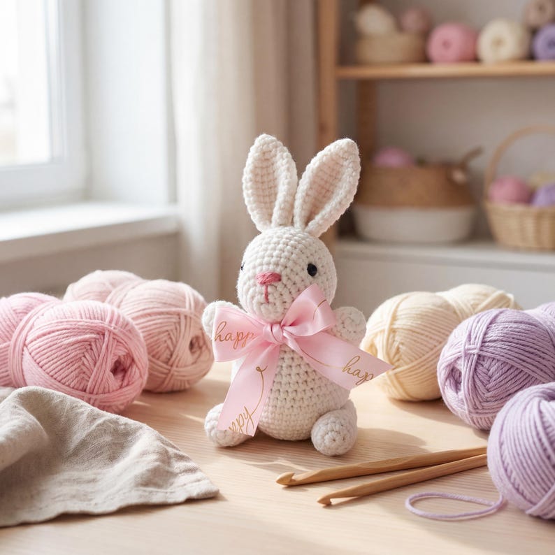 K&ouml;nnte beinhalten: Ein handgeh&auml;kelter wei&szlig;er Hase mit einem rosa Band mit der Aufschrift "happy". Der Hase ist von rosa, cremefarbenen und lila Wollkn&auml;ueln, H&auml;kelnadeln und einem Leinentuch umgeben. Ein handgefertigter Artikel.
