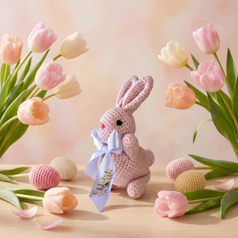 K&ouml;nnte beinhalten: Ein rosa geh&auml;keltes H&auml;schen mit hellblauem Band und Anh&auml;nger. Das H&auml;schen ist umgeben von Tulpen in Rosa- und Pfirsicht&ouml;nen und geh&auml;kelten Eiern. Die Szene spielt auf einer Holzoberfl&auml;che.
