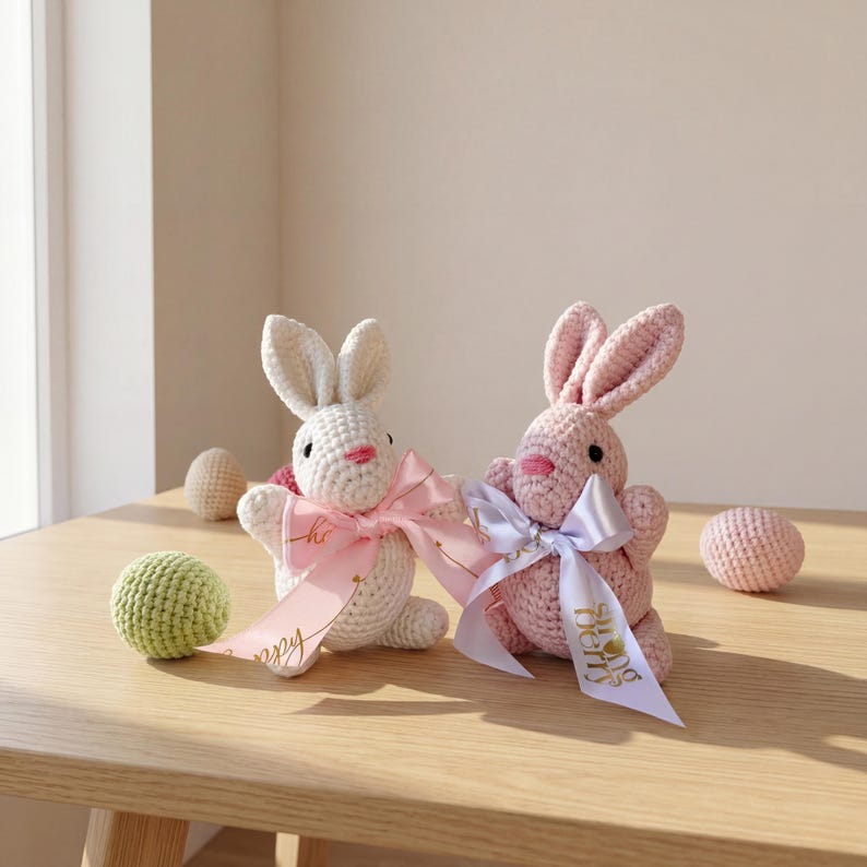 K&ouml;nnte beinhalten: Zwei geh&auml;kelte Osterhasen, einer wei&szlig; und einer rosa, sind mit rosa und lavendelfarbenen B&auml;ndern verziert. Ein gr&uuml;ner geh&auml;kelter Ball und mehrere geh&auml;kelte Eier befinden sich auf einer Holzoberfl&auml;che. Die Hasen haben schwarze Augen und rosa Nasen.
