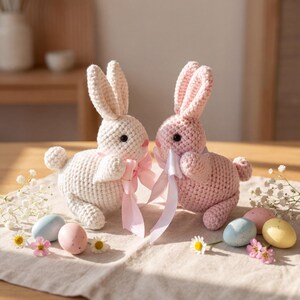 K&ouml;nnte beinhalten: Zwei geh&auml;kelte Osterhasen, einer wei&szlig; und einer rosa, mit rosa Schleifen. Die Hasen haben schwarze Augen und kleine rosa Nasen. Ostereier in Pastellfarben und kleine Blumen sind um die Hasen auf einem neutralfarbenen Tuch verstreut.