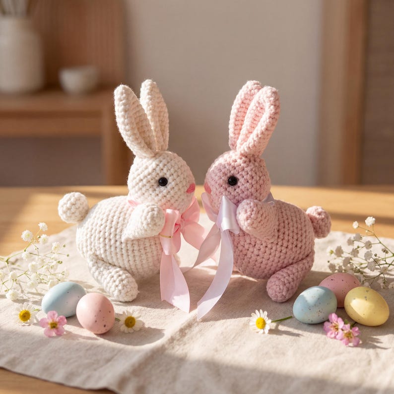 K&ouml;nnte beinhalten: Zwei geh&auml;kelte Osterhasen, einer wei&szlig; und einer rosa, mit rosa Schleifen. Die Hasen haben schwarze Augen und kleine rosa Nasen. Ostereier in Pastellfarben und kleine Blumen sind um die Hasen auf einem neutralfarbenen Tuch verstreut.