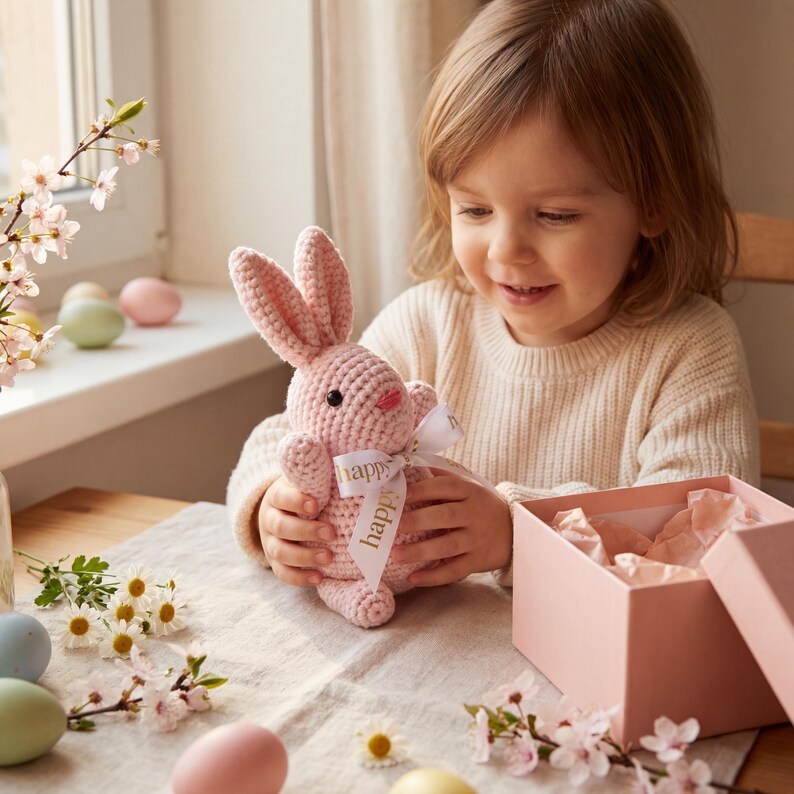 K&ouml;nnte beinhalten: Ein rosa geh&auml;kelter Osterhase mit einem wei&szlig;en Band mit der Aufschrift "happy". Der Hase wird von einem Kind gehalten. Eine rosa Geschenkbox und dekorierte Ostereier sind ebenfalls im Bild. Die Szene spielt sich auf einem Tisch mit Fr&uuml;hlingsblumen ab.