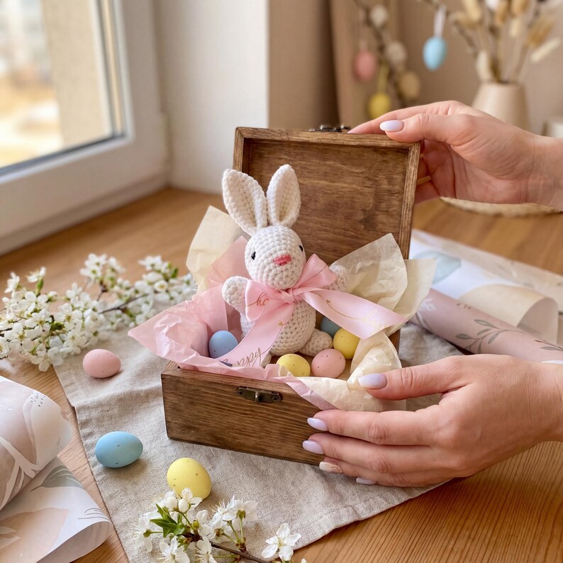 K&ouml;nnte beinhalten: Eine offene Holzkiste mit einem geh&auml;kelten wei&szlig;en Hasen mit rosa Schleife und pastellfarbenen Ostereiern. Der Hase ist von Seidenpapier umgeben. Das Bild hat ein fr&uuml;hlingshaftes Thema.