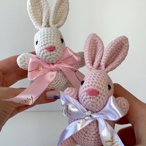 K&ouml;nnte beinhalten: Zwei geh&auml;kelte Hasen, einer wei&szlig; und einer rosa, werden vor einem wei&szlig;en Hintergrund pr&auml;sentiert. Jeder Hase hat lange Ohren, eine rosa Nase und eine Schleife aus Satinband. Der wei&szlig;e Hase hat eine rosa Schleife, und der rosa Hase hat eine wei&szlig;e Schleife.