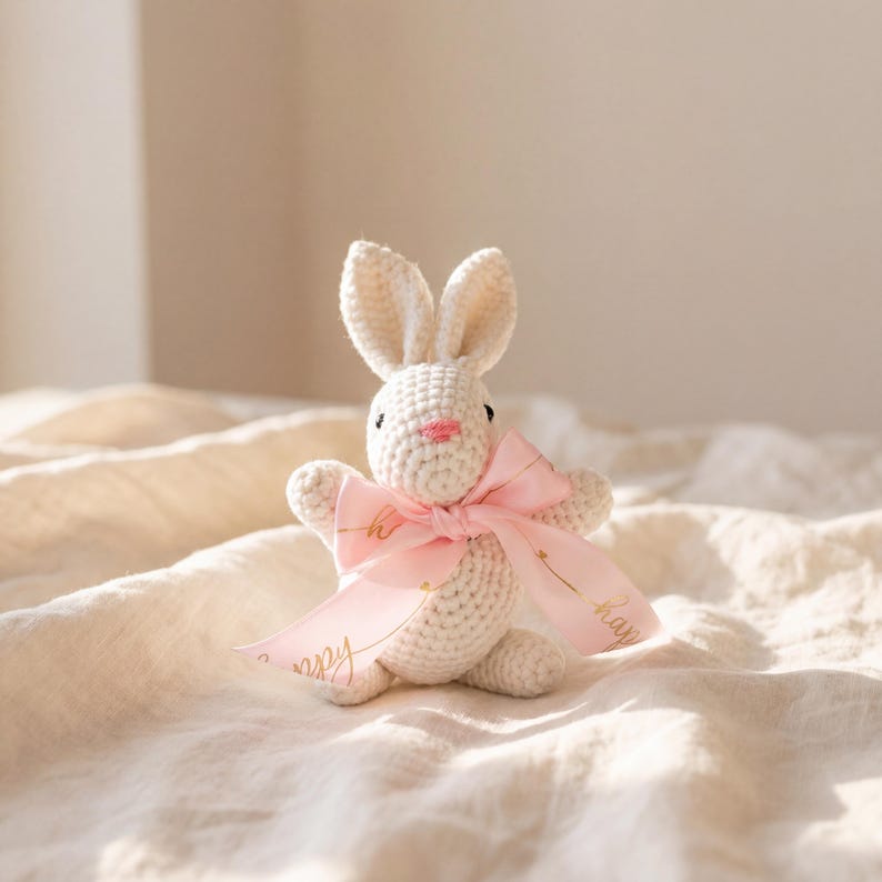 K&ouml;nnte beinhalten: Ein handgefertigtes, cremefarbenes H&auml;schen aus H&auml;kelarbeit mit einem rosa Band um den Hals. Das H&auml;schen hat kleine schwarze Augen und eine rosa Nase. Das Band tr&auml;gt den goldenen Text "happy". Das H&auml;schen sitzt auf einer cremefarbenen, strukturierten Oberfl&auml;che.