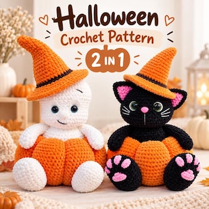 Puede incluir: Dos peluches de ganchillo que representan un fantasma blanco y un gato negro, ambos con sombreros de bruja naranjas y sentados dentro de calabazas naranjas. El texto superior dice Halloween Crochet Pattern 2 IN 1 con iconos de calabaza.