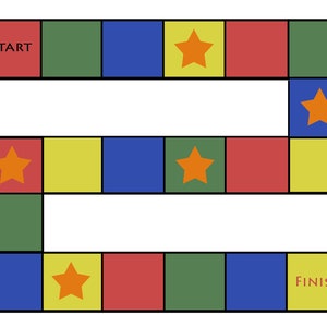 May include: A simple board game with a red, green, blue, and yellow path. The game board has the words "START" and "FINISH" on it. There are orange stars on some of the squares.