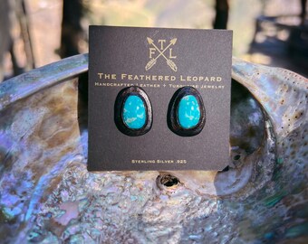 Petite Kingman Turquoise + Black Leather Inlay Stud Earrings