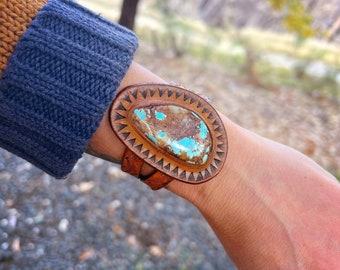 Stunning 45ct Natural Royston Turquoise and Tan Tooled Leather Inlay Cuff