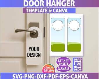 May include: White door hanger template with the text "YOUR DESIGN" and the words "DOOR HANGER TEMPLATE & CANVA". Includes a design with a blue sky and green hills. The image also shows the dimensions 3.5 x 8.5 inches and 8.5 x 11 inches.
