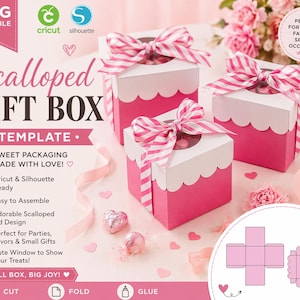 May include: Pink and white scalloped gift boxes with striped ribbon bows. The boxes have a window to show treats. The image includes text that says "Scalloped Gift Box Template" and "Sweet Packaging Made With Love!"