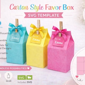 May include: Three colorful carton-style favor boxes in blue, yellow, and pink, each with a ribbon and tag that says "Emma". The boxes are designed for parties and gifts, with the text "Carton Style Favor Box" at the top.
