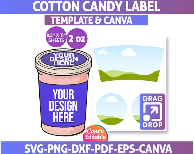 Cotton Candy Label Template: 2oz Jar, Full Wrap (canva Editable ...