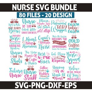 Könnte beinhalten: Ein digitales SVG-Bundle mit 80 Dateien und 20 Designs, das Zitate und Grafiken zum Thema Krankenschwester in Türkis und Rosa enthält. Enthält Sätze wie "Nurse Squad" und "Future Nurse Stuff". Die Dateiformate sind SVG, PNG, DX, und EPS.