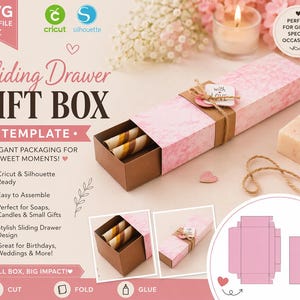May include: A pink and brown sliding drawer gift box template. The box is decorated with a pink marble pattern and tied with twine. The text on the image says "Sliding Drawer Gift Box Template" and "Elegant Packaging for Sweet Moments!"