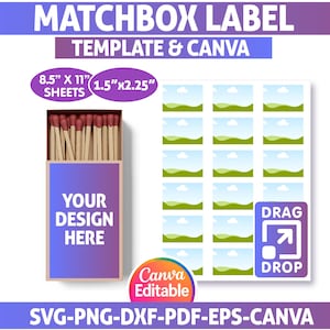 May include: A matchbox label template with the text "YOUR DESIGN HERE" on the matchbox. The design includes a sheet of small landscape images and the text "DRAG & DROP". The template is 21.6cm x 27.9cm and the labels are 3.8cm x 5.7cm.