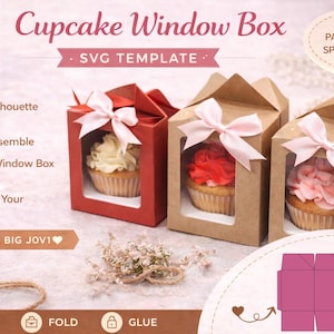 May include: Cupcake window boxes in red and kraft brown with cupcakes inside, tied with pink bows. The boxes have a window to display the cupcakes. Text on the image says "Cupcake Window Box" and "SVG Template".