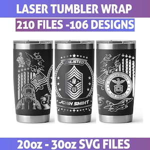 May include: Three black stainless steel tumblers with laser-etched military-themed designs. The designs include an American flag, an eagle, a jet, and the text "ENLISTED". The tumblers are available in 20oz and 30oz sizes.