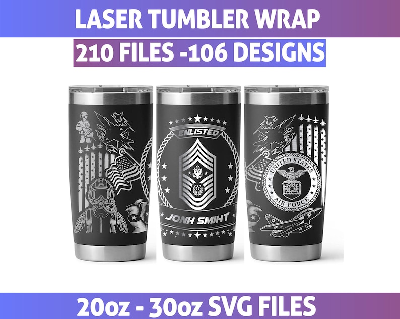 May include: Three black stainless steel tumblers with laser-etched military-themed designs. The designs include an American flag, an eagle, a jet, and the text "ENLISTED". The tumblers are available in 20oz and 30oz sizes.