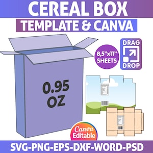 May include: A light purple cereal box template with the text "CEREAL BOX TEMPLATE & CANVA". The box is labeled "0.95 OZ". Additional elements include a "Canva Editable" badge, and a diagram of the box's construction. The image also includes the text "SVG-PNG-EPS-DXF-WORD-PSD".