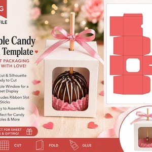 May include: White apple candy box template with a pink ribbon and a window showcasing a chocolate-covered apple. The design includes a ribbon slot and is ready to cut with Cricut or Silhouette machines. The text reads "Apple Candy Box Template".