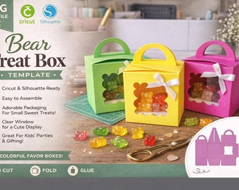 Bear Treat Box SVG Template, Kids Party Favor Box for Cricut, Candy Gift Box SVG, Cute Gummy Bear Packaging, DIY Paper Box with Handle