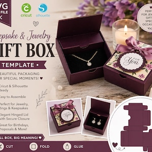 Puede incluir: Una plantilla de caja de regalo de recuerdo y joyería de color burdeos con tapa con bisagras, diseñada para máquinas Cricut y Silhouette. La caja presenta un diseño floral y una etiqueta "For You", ideal para joyas, anillos y recuerdos. El texto en la caja dice "Keepsake & Jewelry GIFT BOX".
