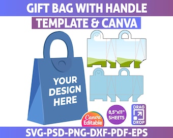 Customizable Gift Bag with Handle Template, Gift Bag Svg, Party Favor Box, Birthday Gift Bag,  Present Bag, Paper Bag Template Svg, Canva