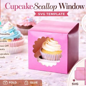 Puede incluir: Una caja de ventana rosa con forma de vieira para cupcakes, con una ventana festoneada que muestra un cupcake con glaseado blanco. La caja está etiquetada como "Cupcake Scallop Window Box" y "SVG Template". El texto también dice "Cricut & Silhouette Ready", "Easy to Assemble" y "Great for Cupcakes & Bakery Goods".