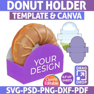 May include: A purple donut holder template with the text "YOUR DESIGN" and a glazed donut. The image includes the text "DONUT HOLDER TEMPLATE & CANVA", "Canva Editable", "8.5"x11" SHEETS", "DRAG DROP", and "SVG-PSD-PNG-DXF-PDF".