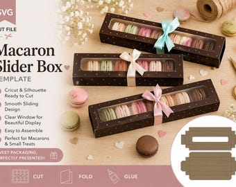Macaron Slider Box Window SVG, Long Window Treat Box Cut File Cricut Silhouette, Bakery Cookie Display Box Packaging Instant Download