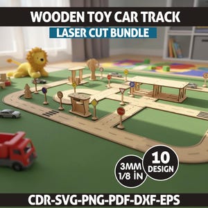 Può includere: Un set di piste per auto giocattolo in legno con elementi tagliati al laser, tra cui strade, edifici e segnali stradali. Il set include un camion ribaltabile rosso e una piccola auto argentata. Il testo dice "WOODEN TOY CAR TRACK LASER CUT BUNDLE".
