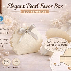Peut inclure: Boîtes à dragées élégantes en perles avec bords festonnés et nœuds en ruban argenté. Les boîtes sont de couleur crème et conçues pour les friandises et les petits cadeaux. Le texte "Elegant Pearl Favor Box" et "SVG Template" est inclus.