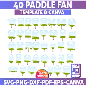 以下が含まれることがあります： さまざまな形状の40個のパドルファンテンプレートのコレクション。青い空と緑の風景のデザインです。画像には「40 PADDLE FAN TEMPLATE & CANVA」と「SVG-PNG-DXF-PDF-EPS-CANVA」の文字が含まれています。