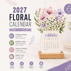 2027 Floral Calendar SVG | Monday Start, Layered Flower Pot Calendar | Laser Cut Template | Desk Calendar SVG | Cricut Glowforge DXF