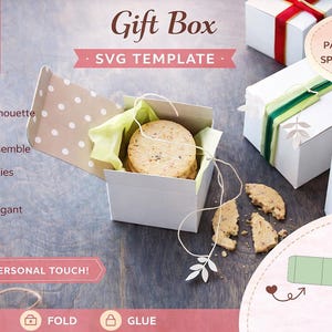 May include: A white gift box with a polka dot interior, holding cookies and tied with twine. The image includes text that reads "Gift Box SVG Template" and "Cricut & Silhouette Ready". Other gift boxes are shown with ribbons.